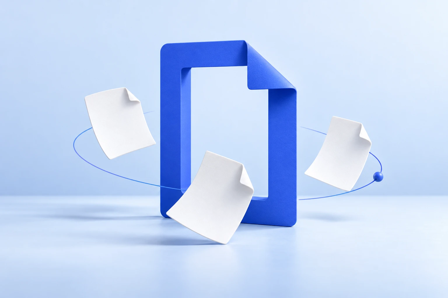 A folded blue portal surrounded by floating white pages